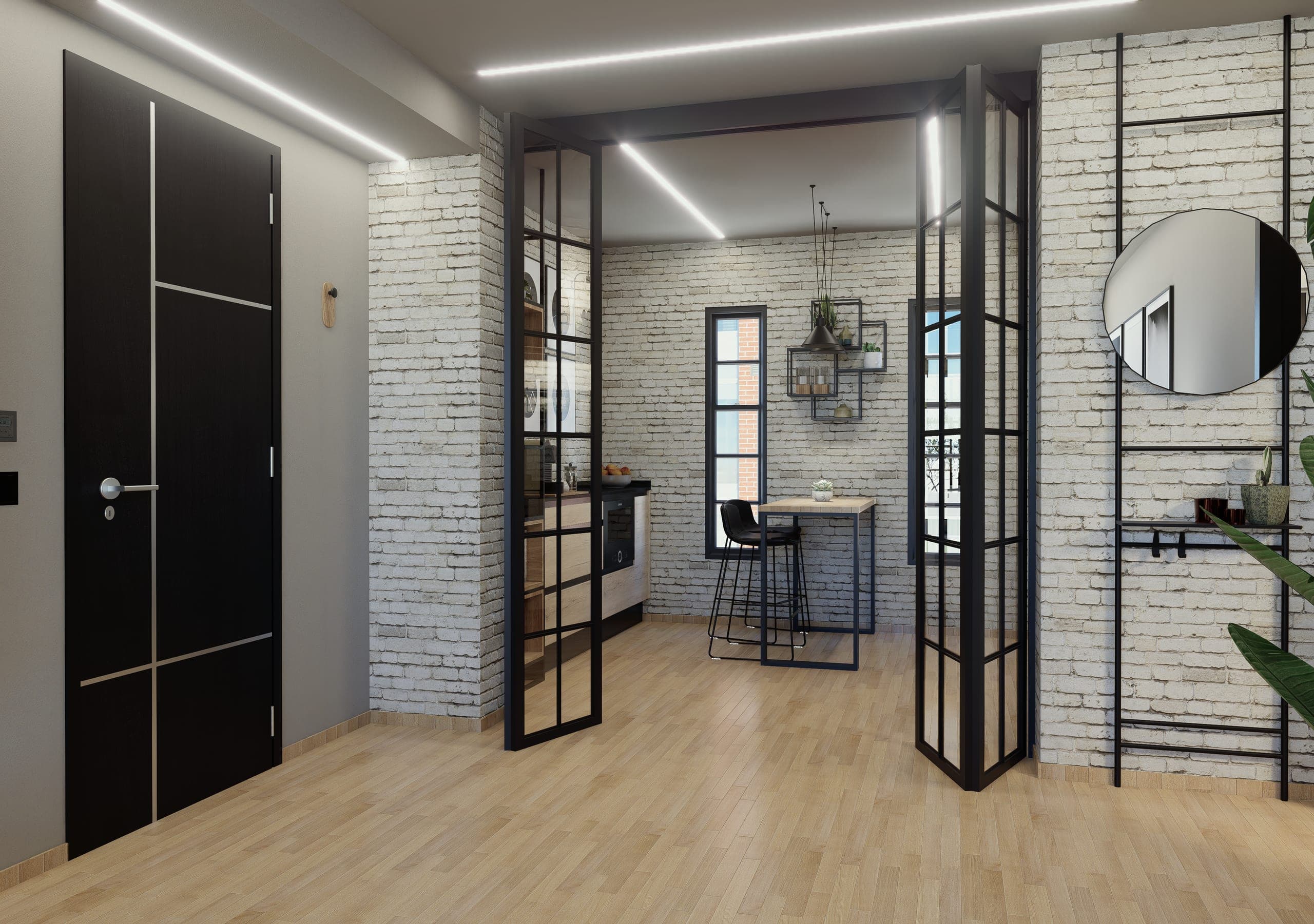 Pasillo con puerta negra y mampara de cristal y hierro que abre a la cocina-comedor