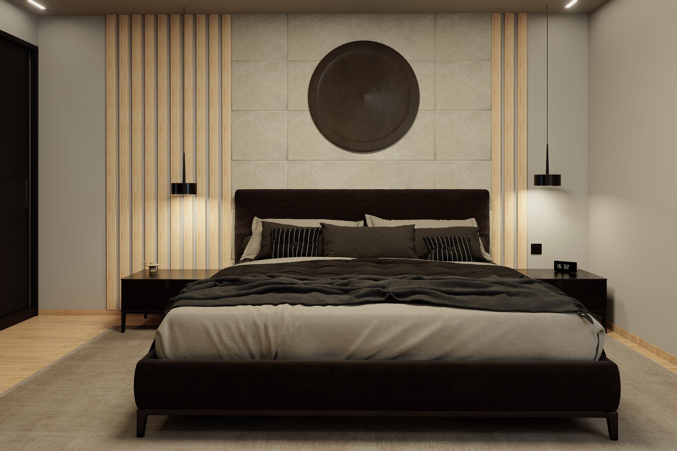 Dormitorio con cabecero de listones de madera y piedra, cama en terciopelo oscuro y lámparas cilíndricas negras