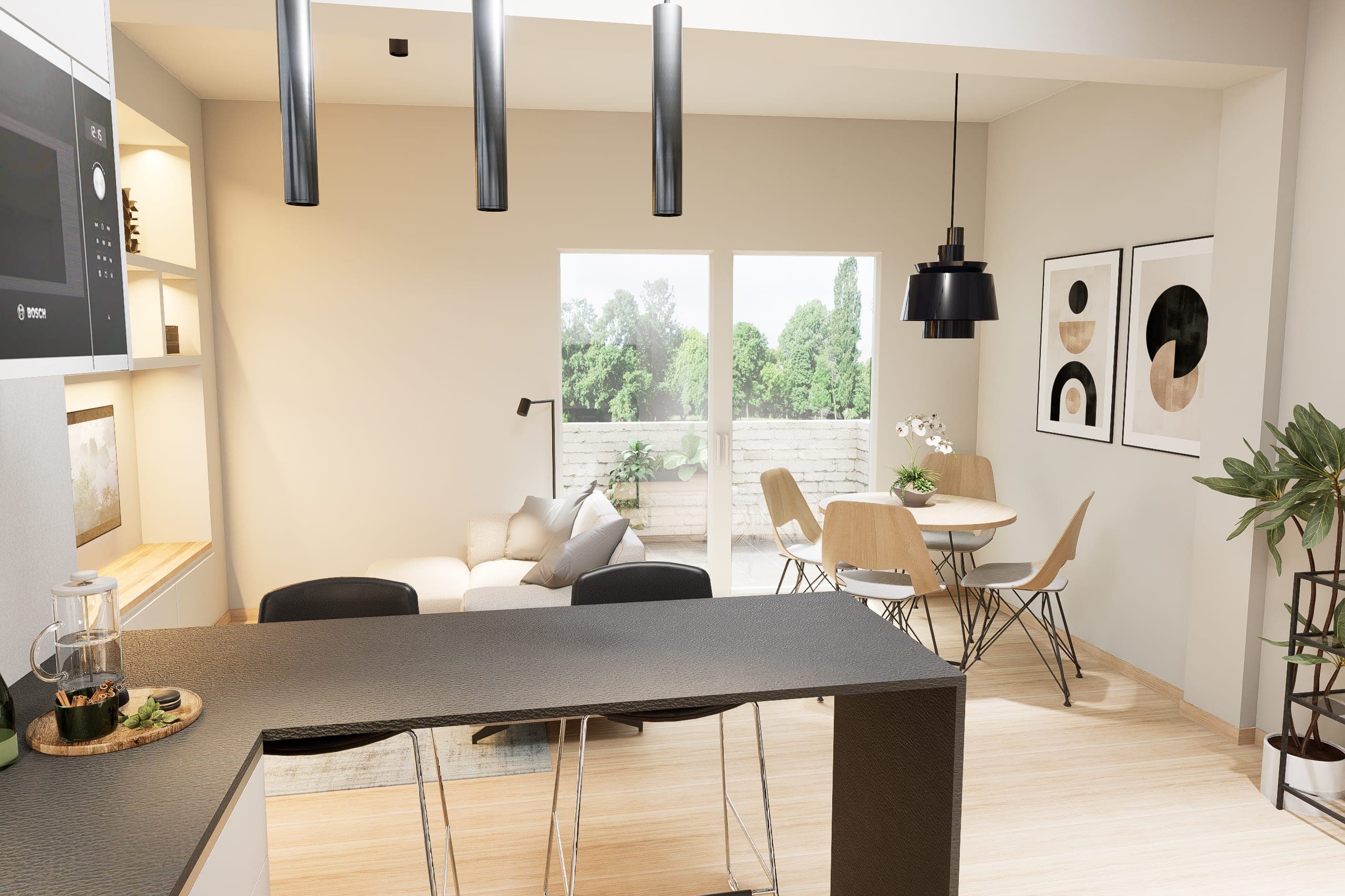 Open plan looking towards the terrace with the bar in the foreground, sofa and dining table flooded with daylight