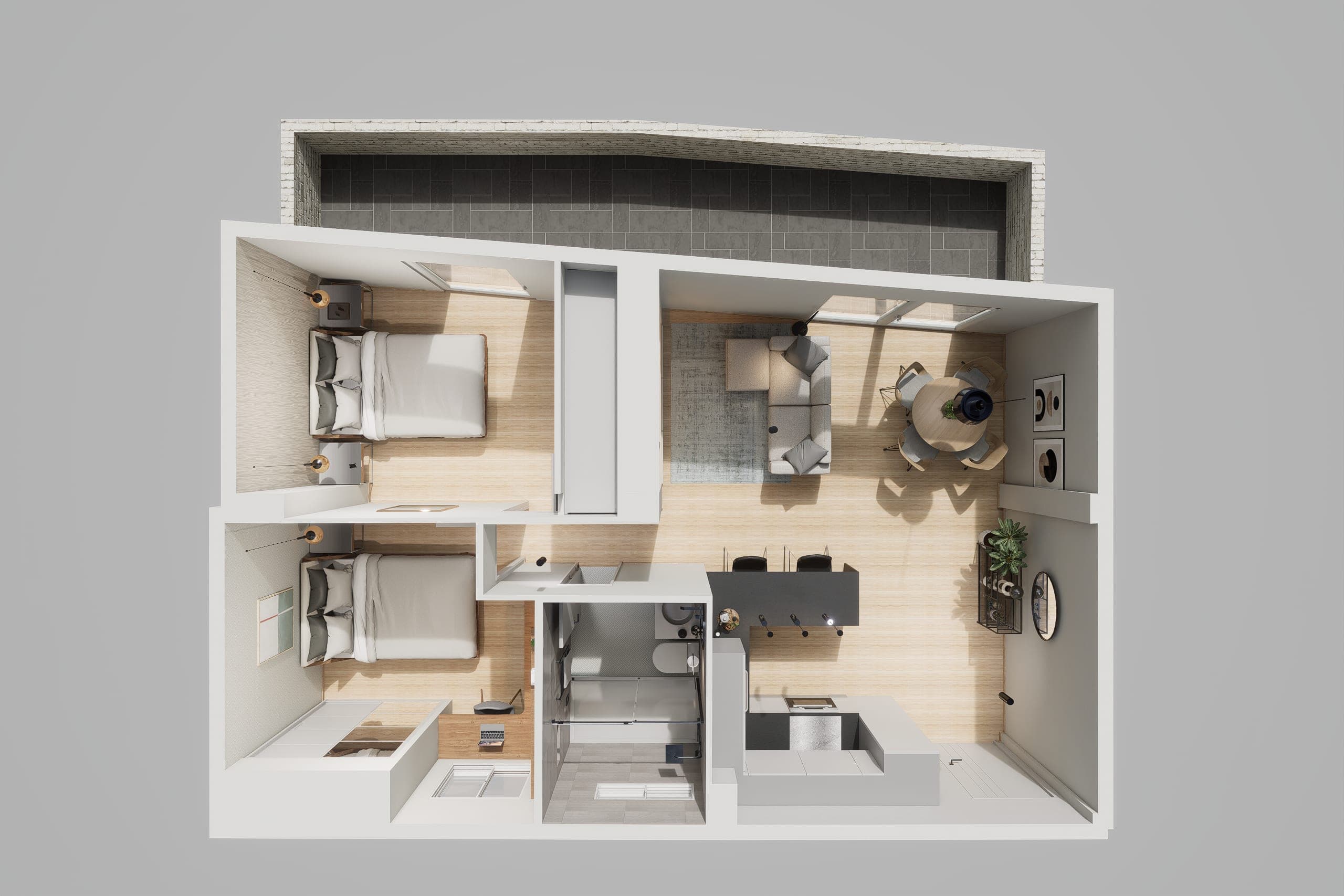 Bird’s-eye view of the penthouse plan with two bedrooms, a bathroom, kitchen, living area and a continuous terrace