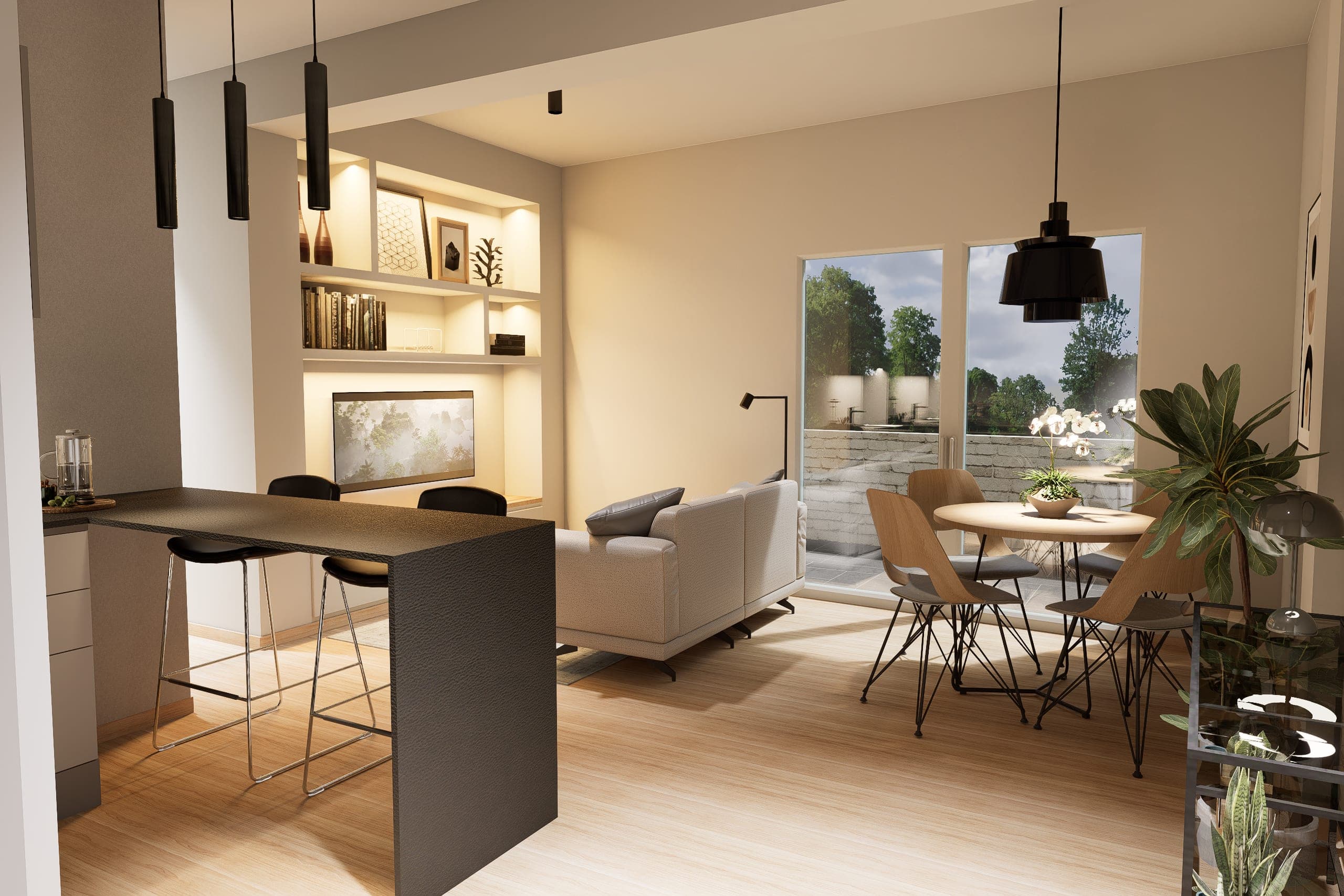 Overall view of the open living area with the bar, sofa, bespoke shelving and dining table facing the terrace windows