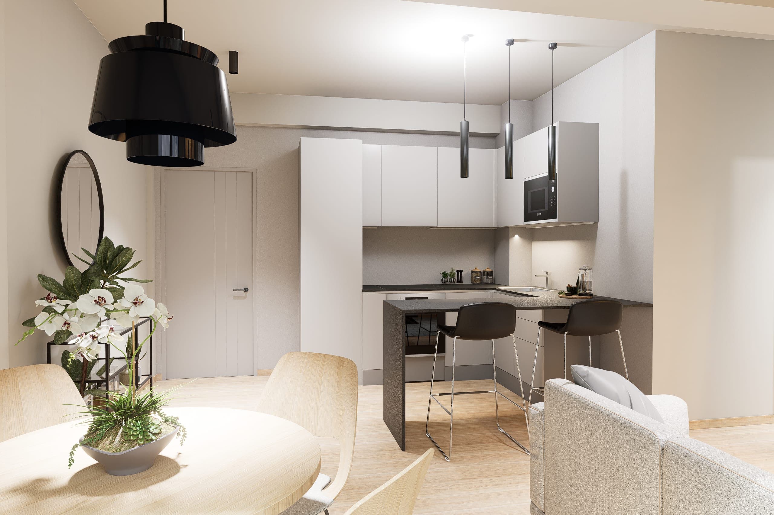 White kitchen with a dark bar, black stools and a round dining table under a tiered black pendant