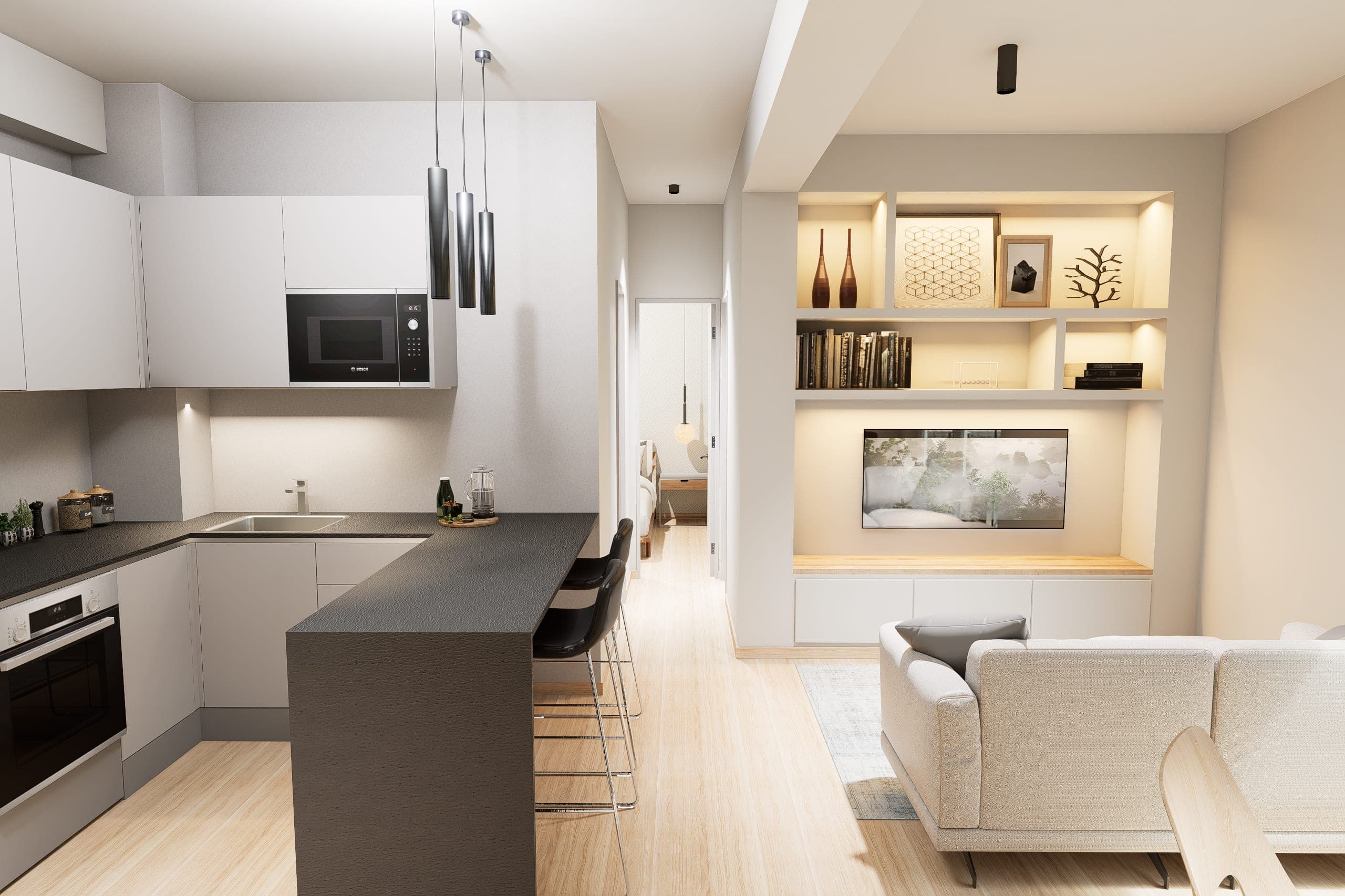 Breakfast bar and bespoke shelving unit with lit niches and an integrated television