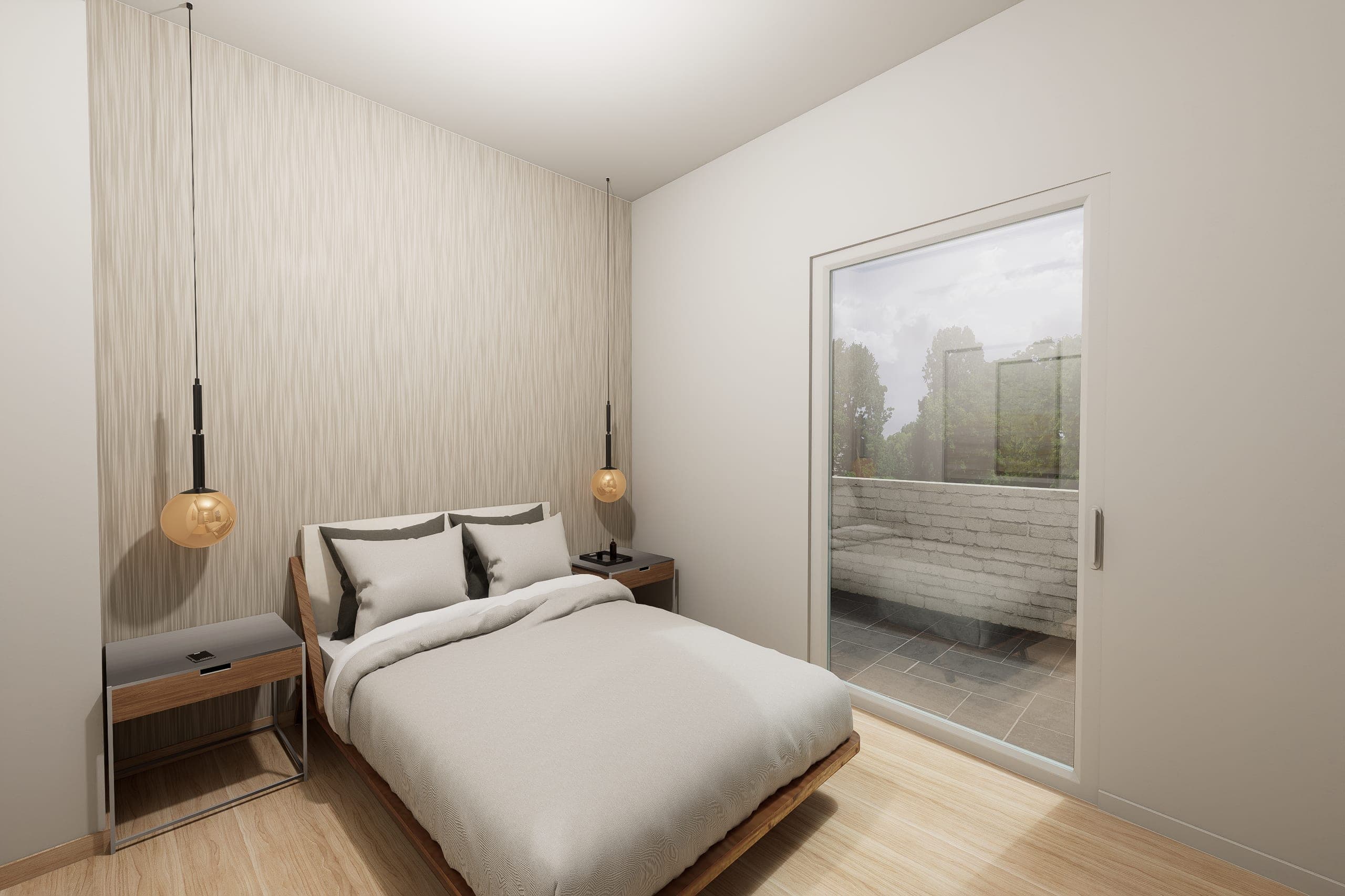 Main bedroom with a pale timber bed, amber-glass pendants and access to the terrace