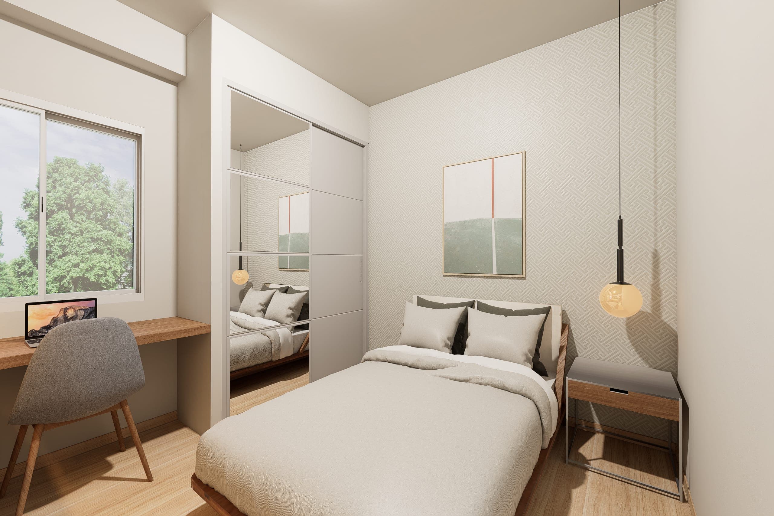 Second bedroom with a single bed, a desk under the window and a sliding wardrobe with a mirror