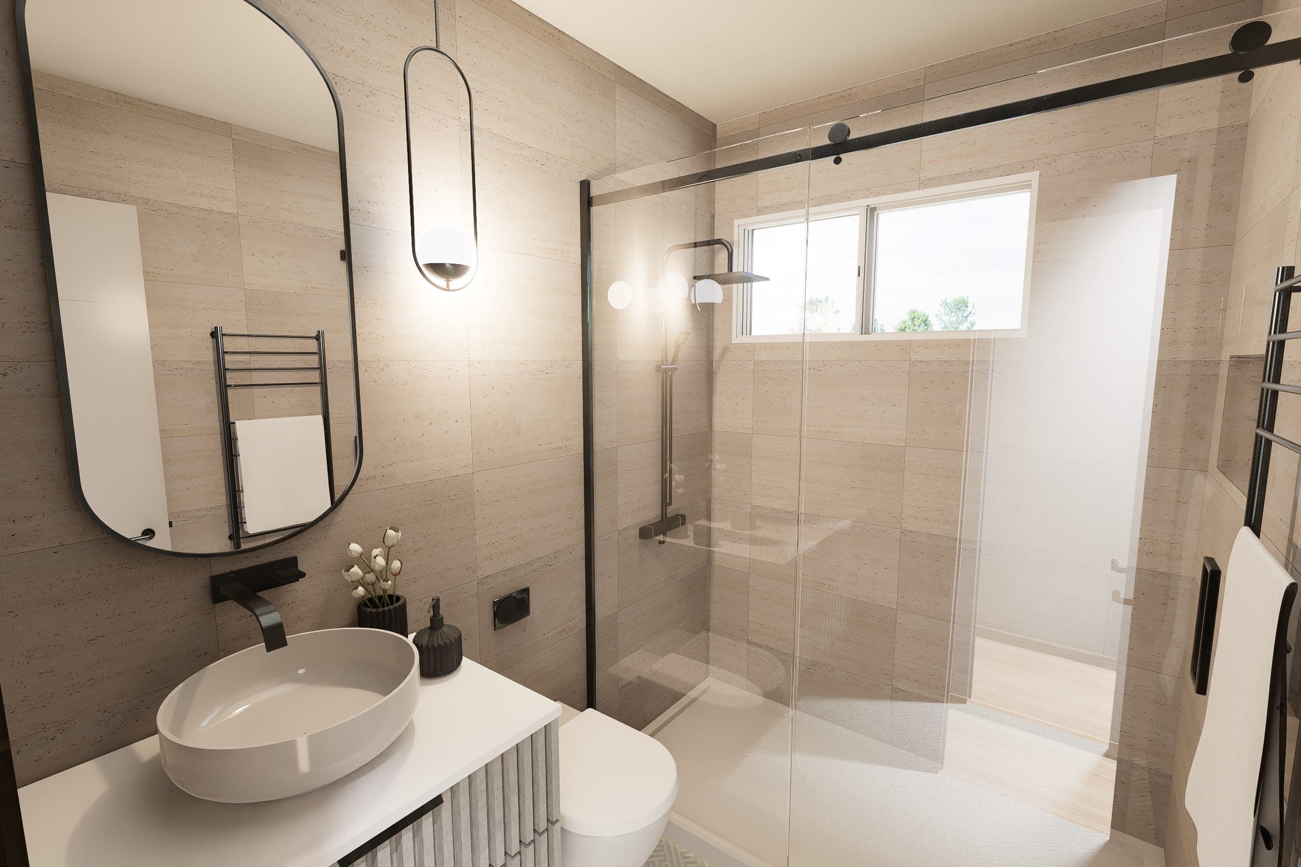 Bathroom with stone-effect cladding, a fluted timber vanity, a black oval mirror and a walk-in shower