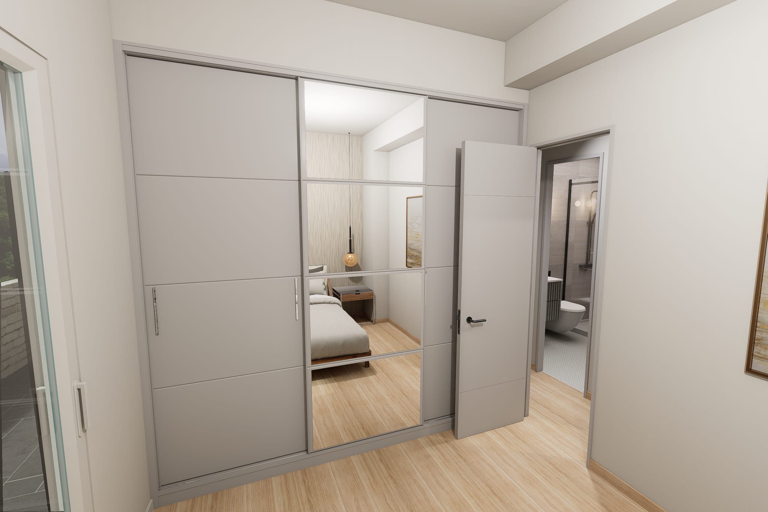 Dressing area with a matt-grey sliding wardrobe and mirror, and access to the en-suite bathroom