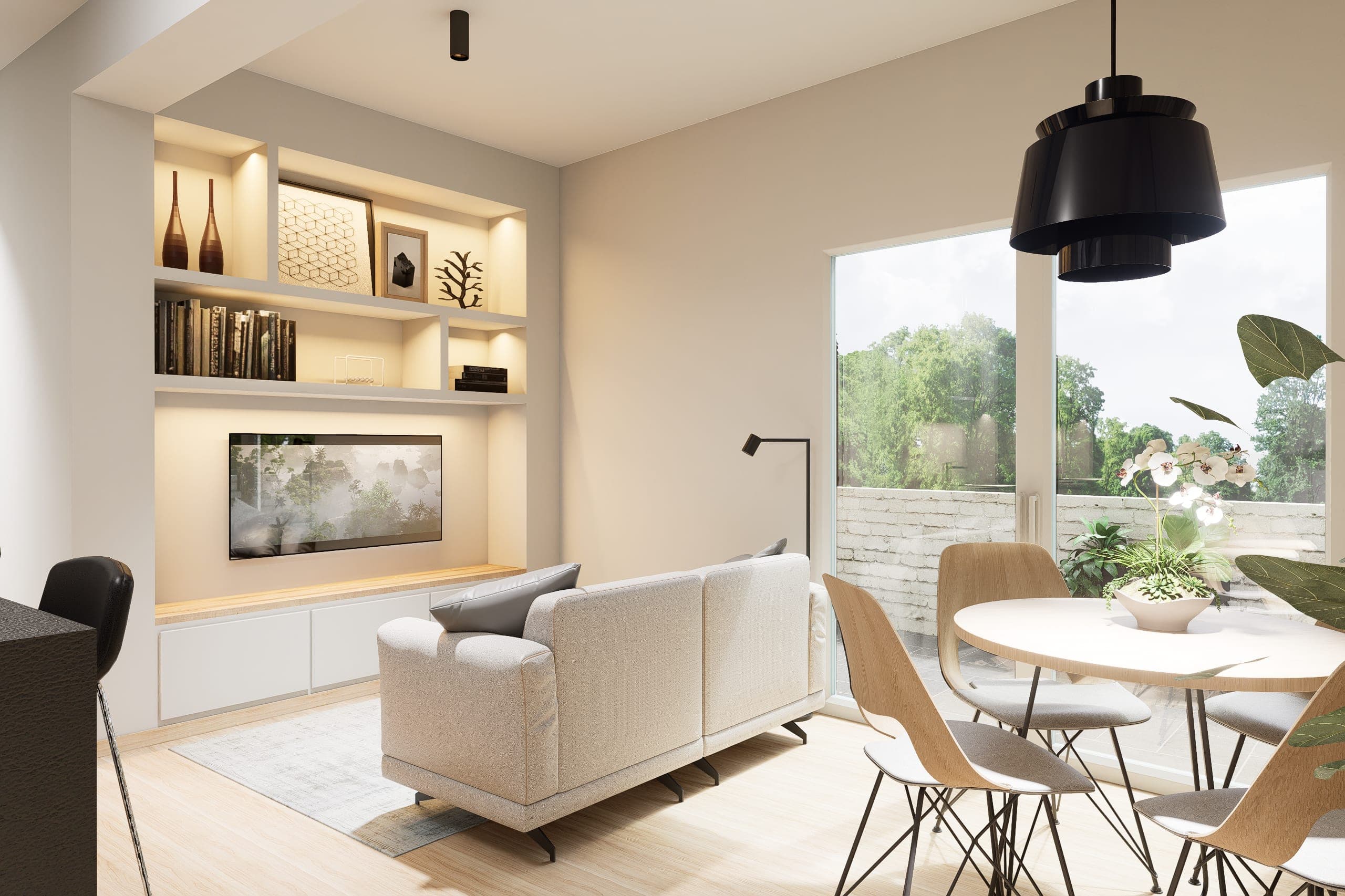 Living area with a pale sofa, a neutral rug and a floor-to-ceiling white shelving unit with integrated LED lighting