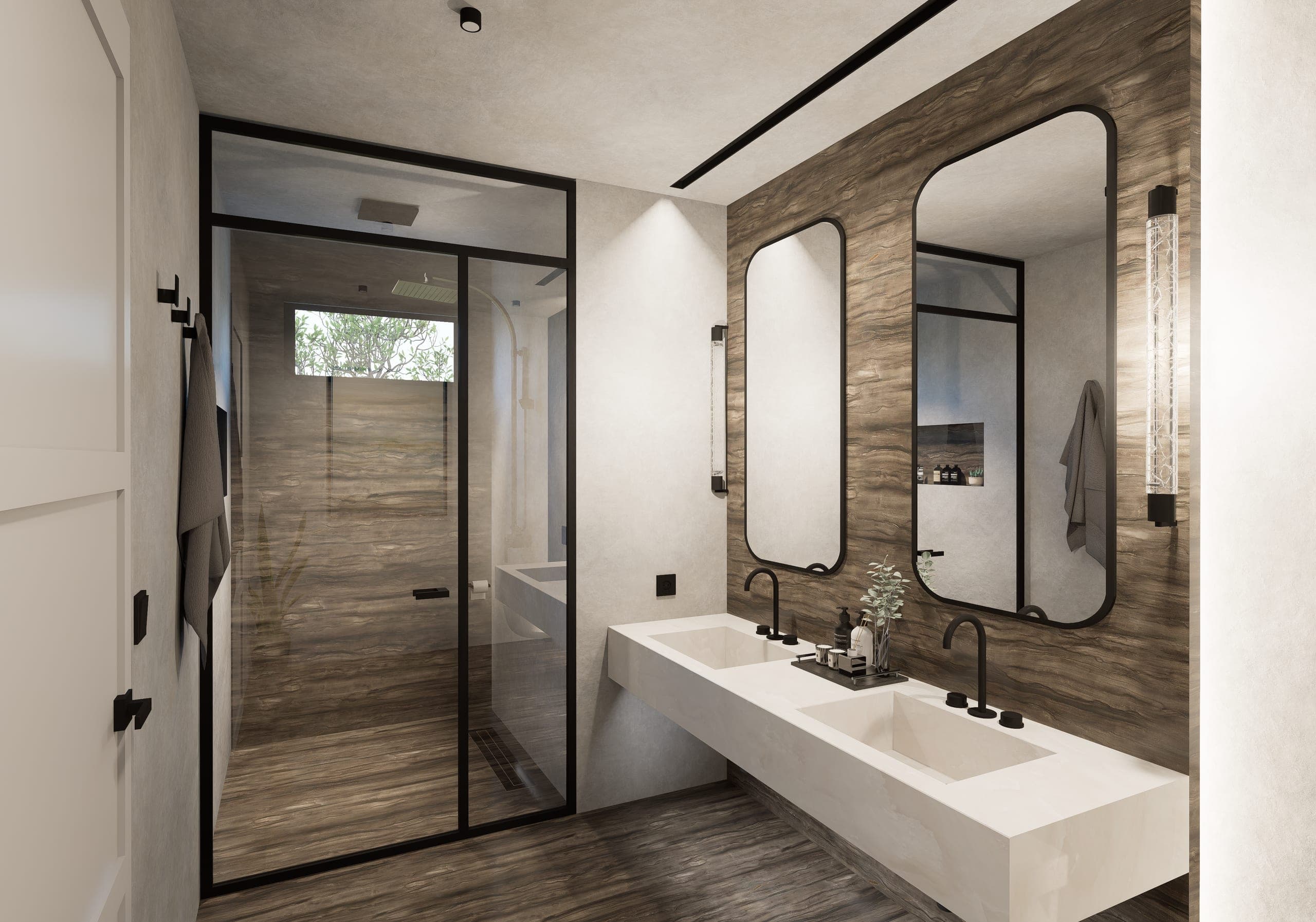 Bathroom with a black-framed walk-in shower, walnut-effect porcelain floor and beige microcement walls