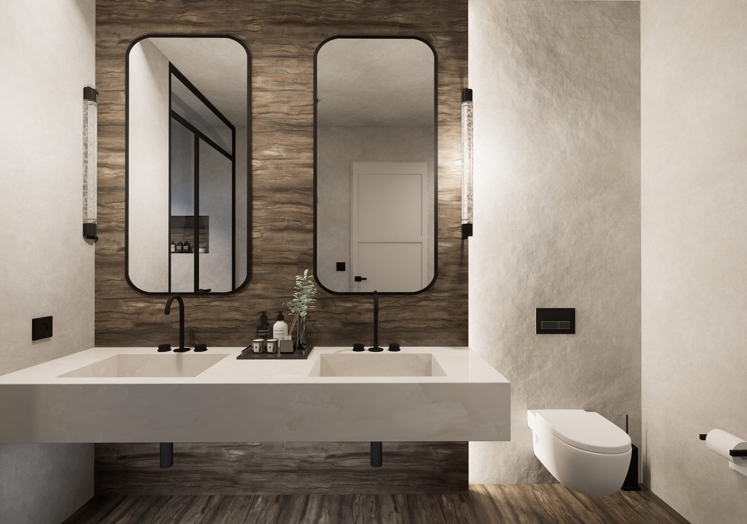 Walk-in shower with a glass screen and natural stone-effect cladding in earth tones