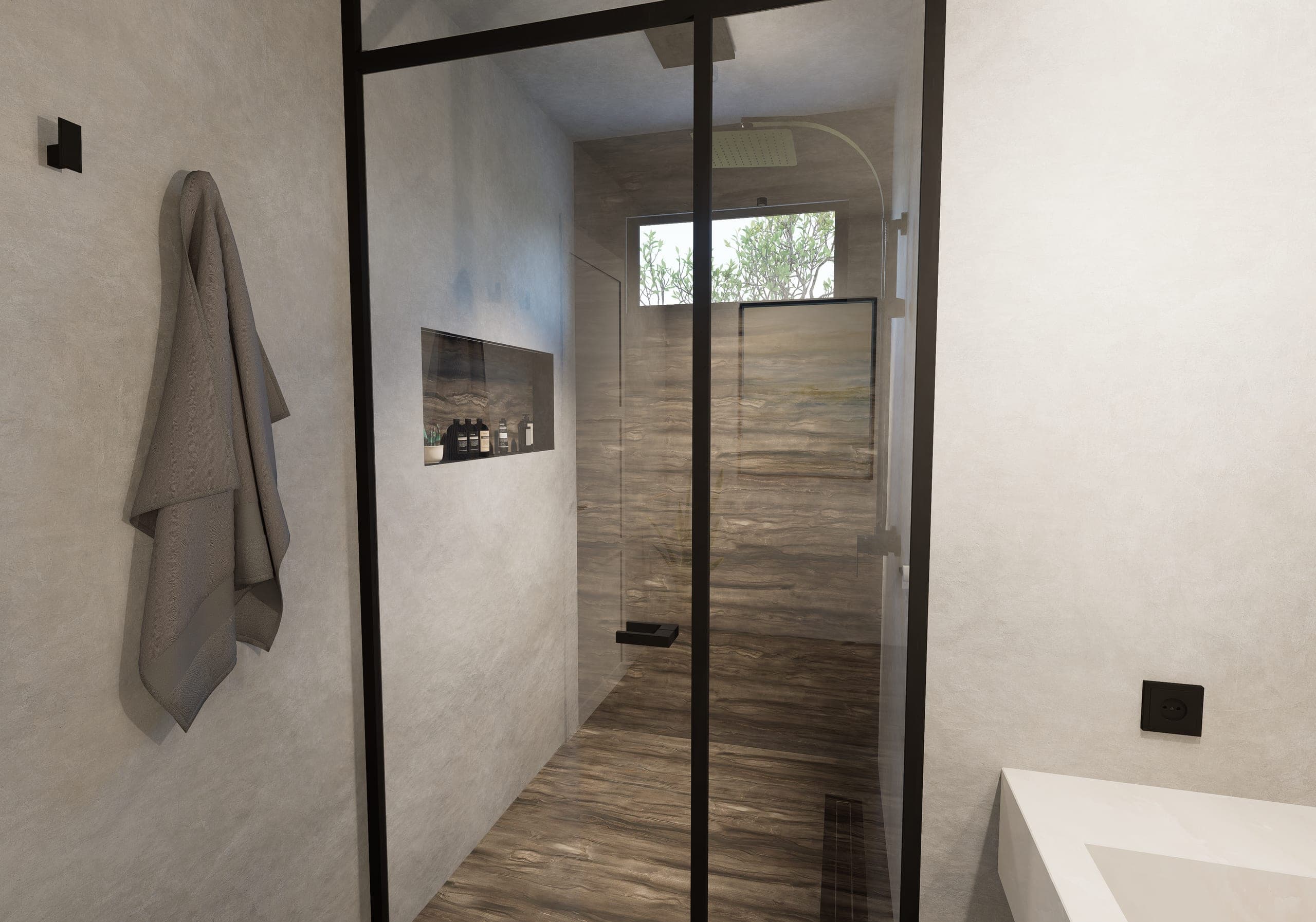 Detail of the junction between the beige microcement walls and the walnut-effect floor