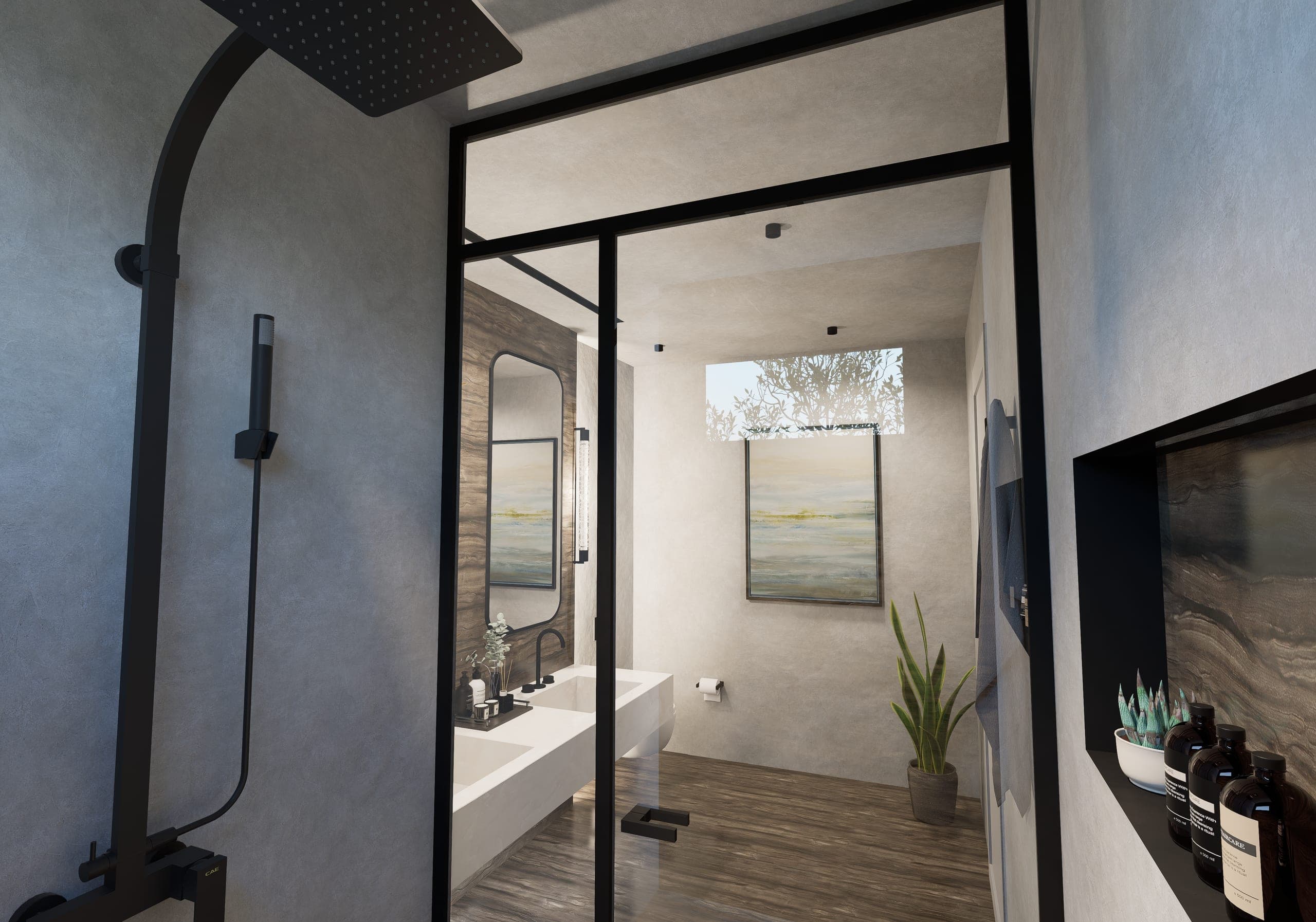 Seamless countertop with integrated basin, candles and a reed diffuser
