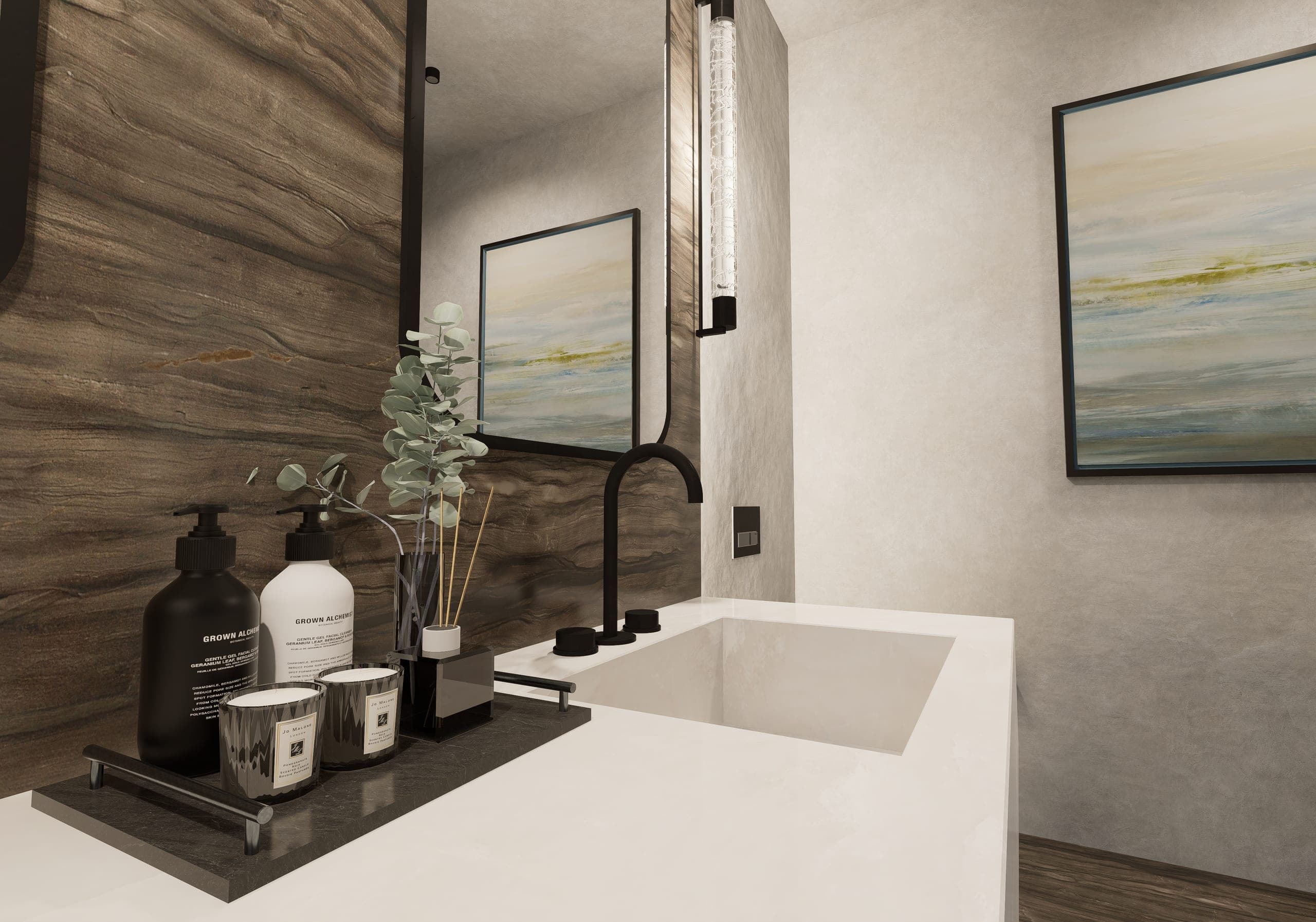 Corner of the bathroom with a live plant and folded towels on a wooden shelf