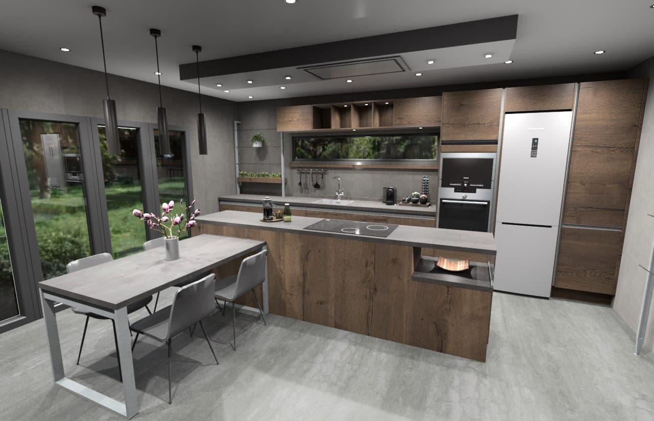 Kitchen with dark oak fronts, a concrete worktop and a peninsula extending into a dining table