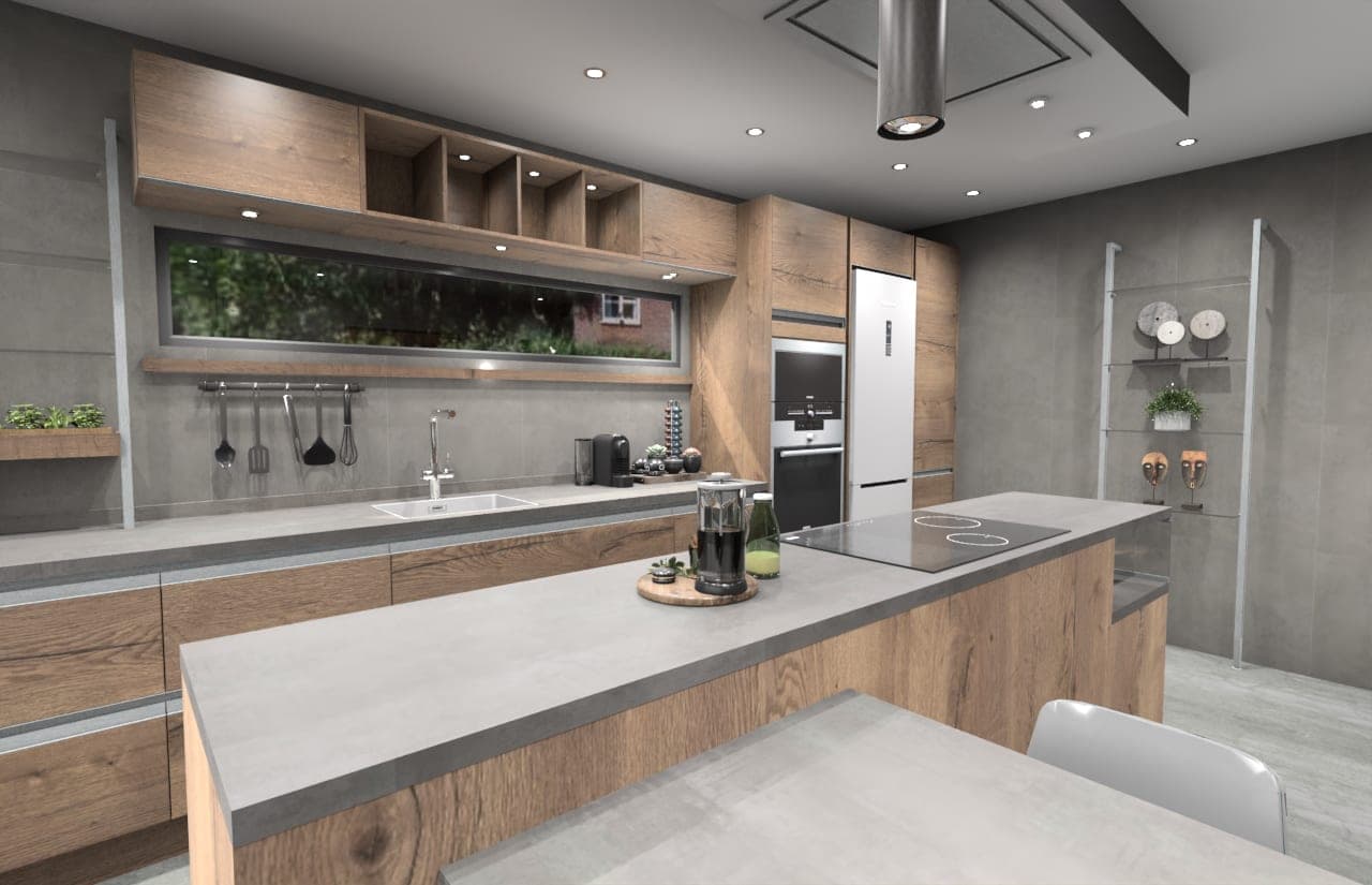 Plano de conjunto de la cocina con las lámparas cilíndricas encendidas sobre la mesa