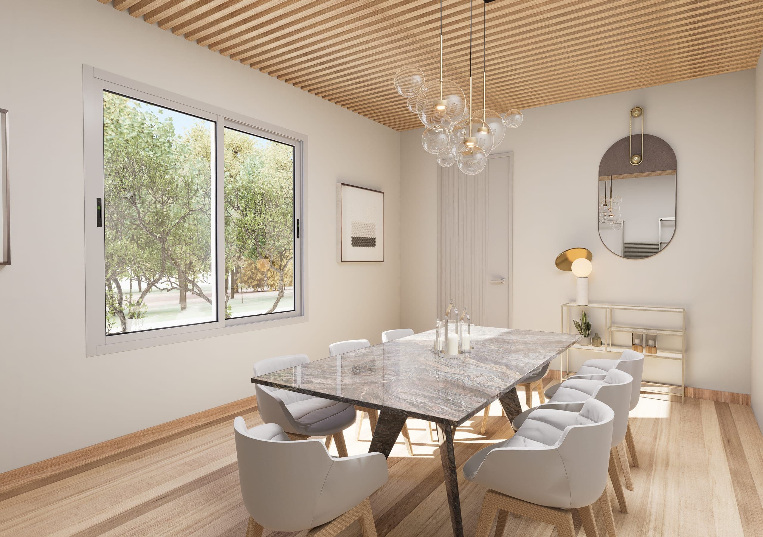 Dining room with a veined marble table, white chairs on wooden legs and a slatted ceiling