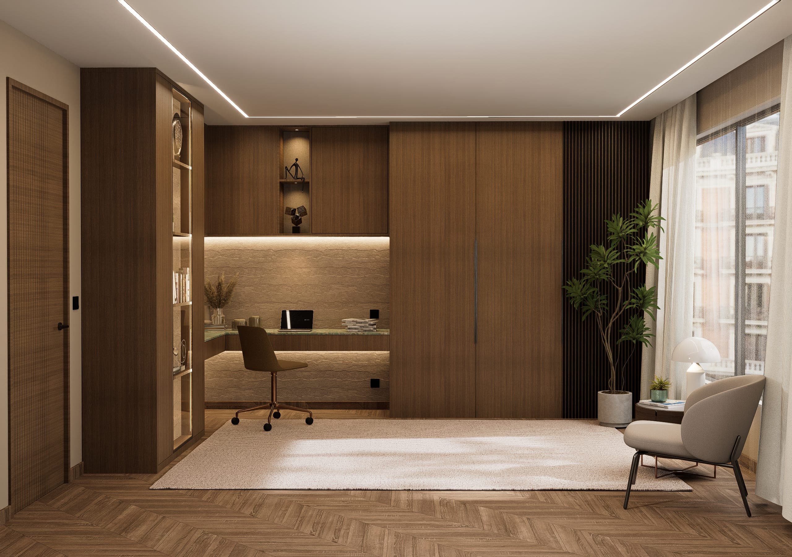 Study with a green marble desk, a lit walnut shelving unit and an armchair by the window