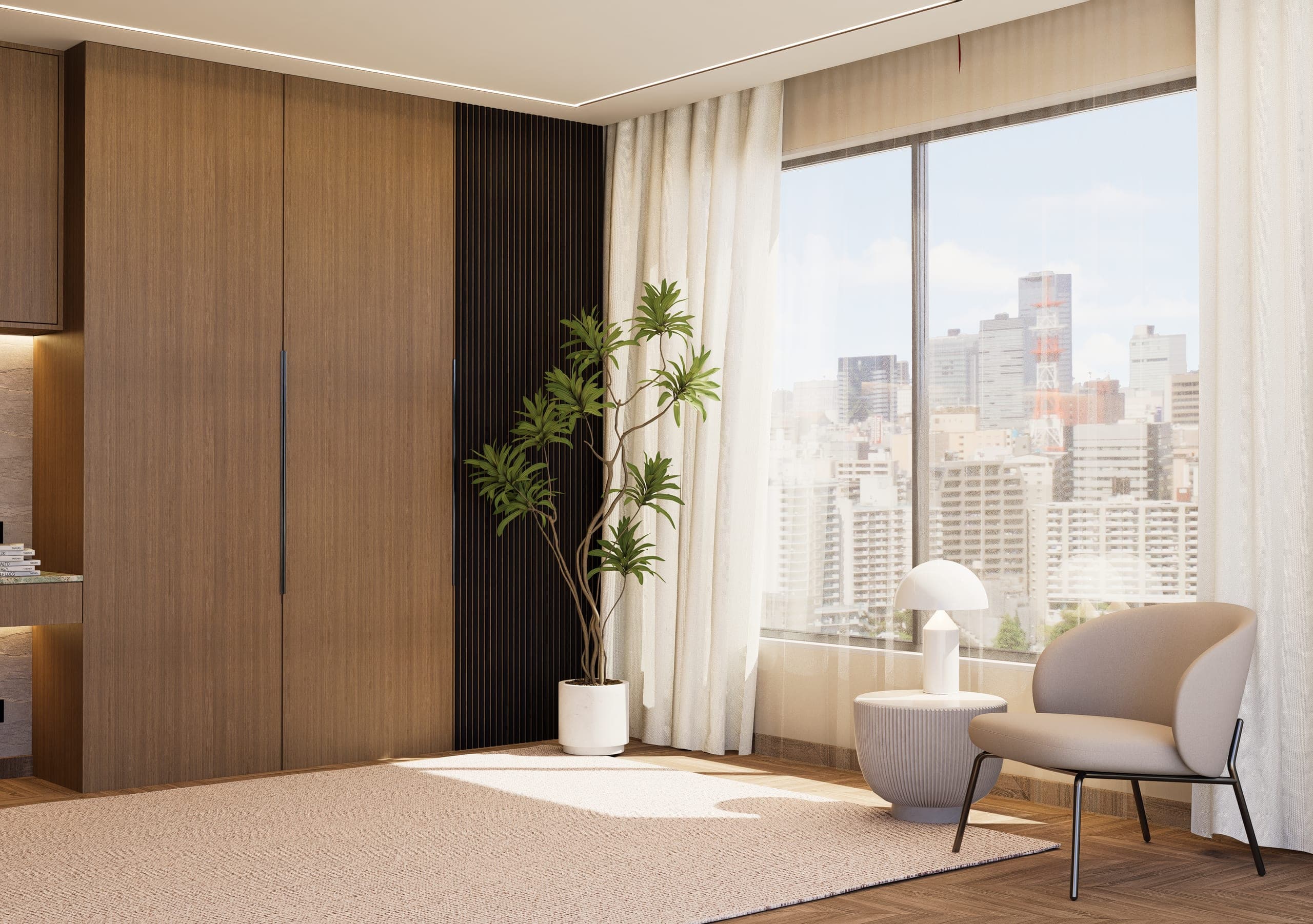 Angle of the study with a walnut wardrobe, a slatted wall and an armchair on a beige rug