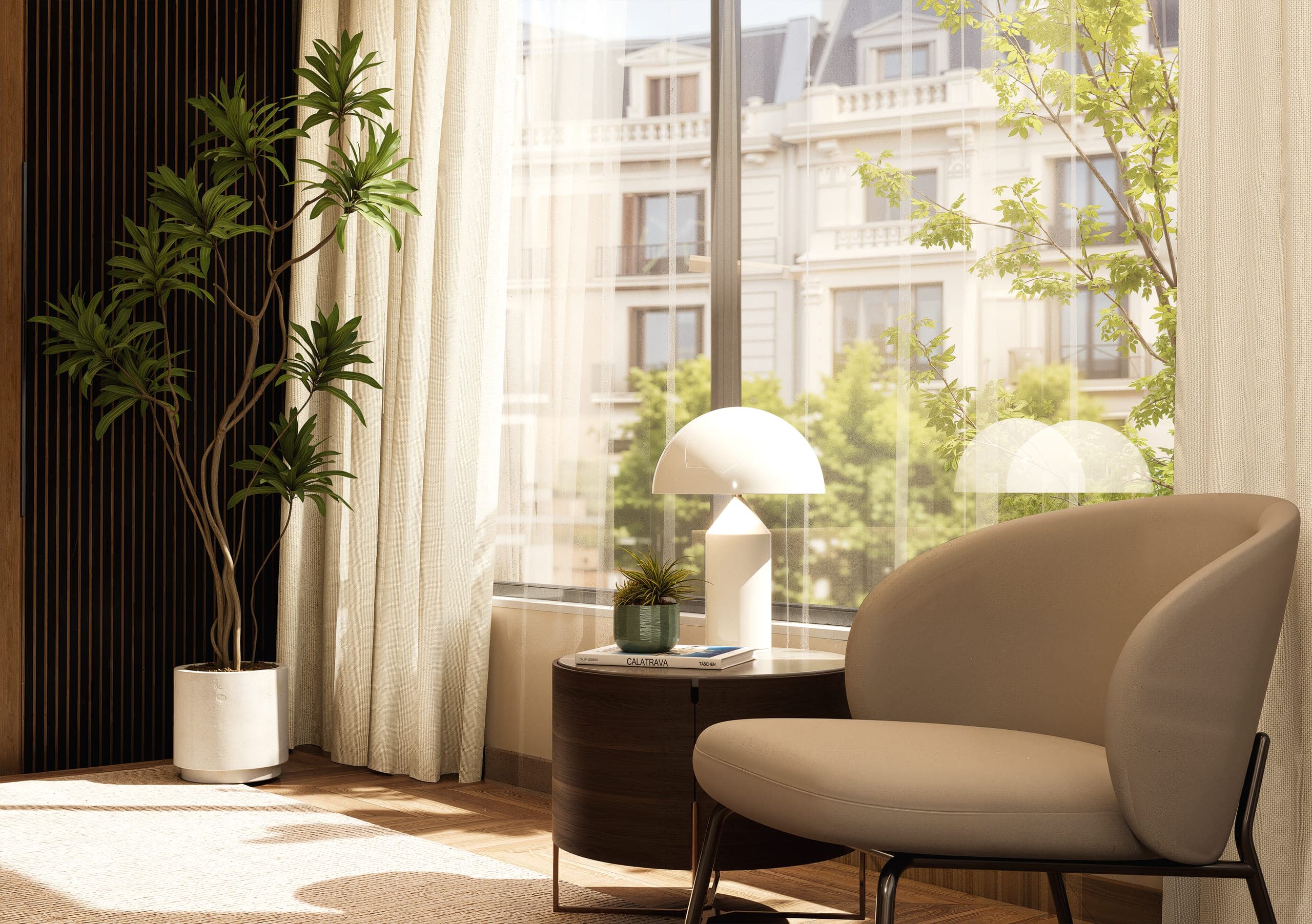 Beige armchair by the window with a view of the classical building and a side table with a mushroom lamp
