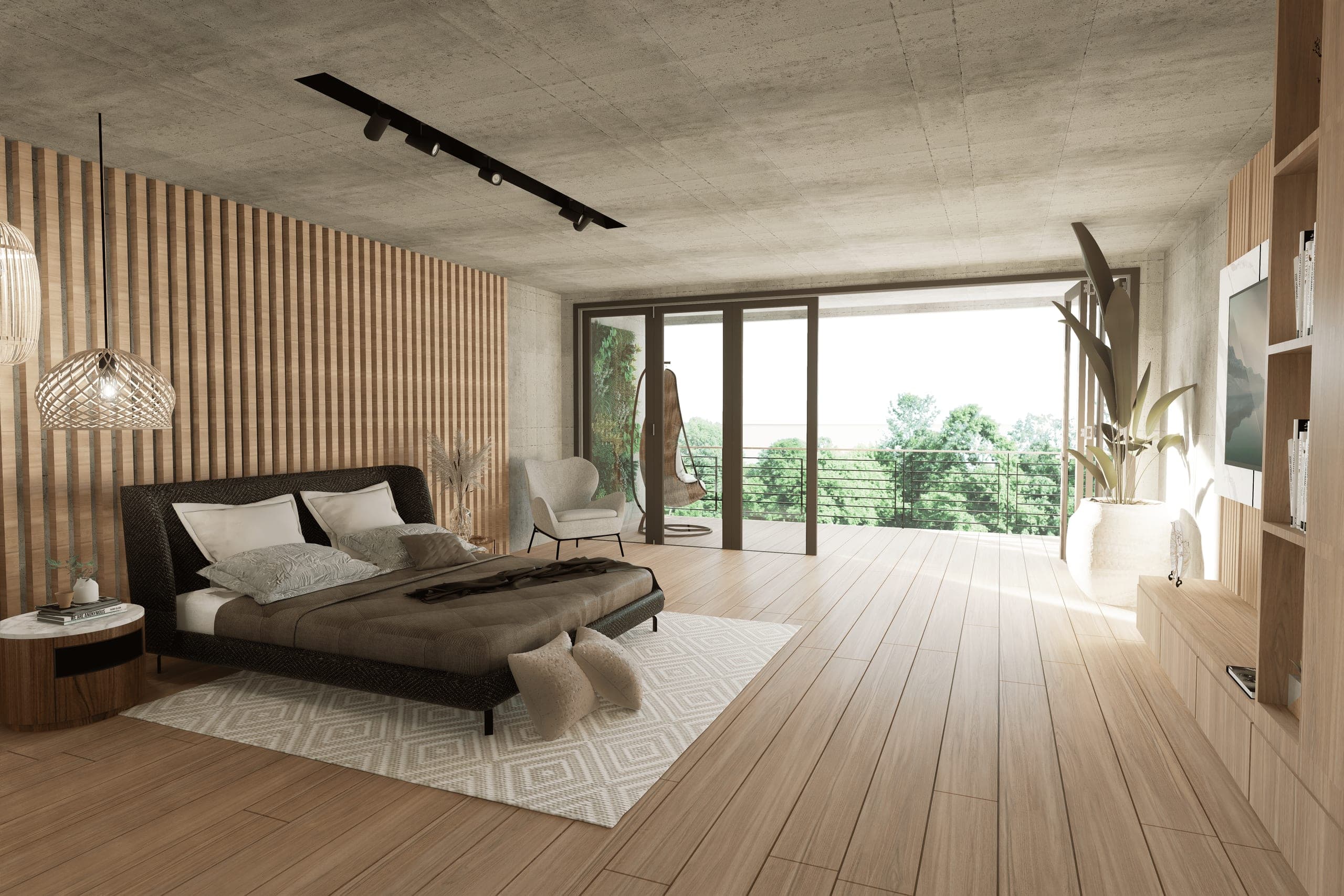 Bedroom with an exposed concrete ceiling, a slatted timber wall behind the bed and access to a terrace