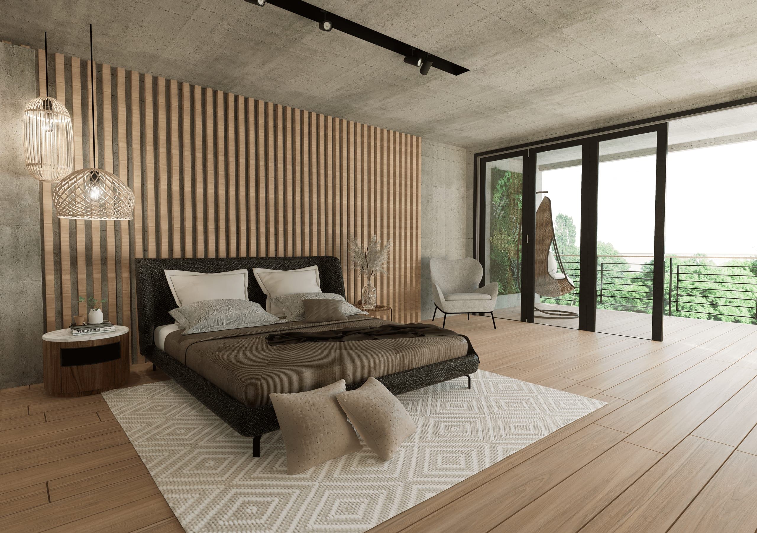 Vista del dormitorio con la cama enfrentada al ventanal de la terraza