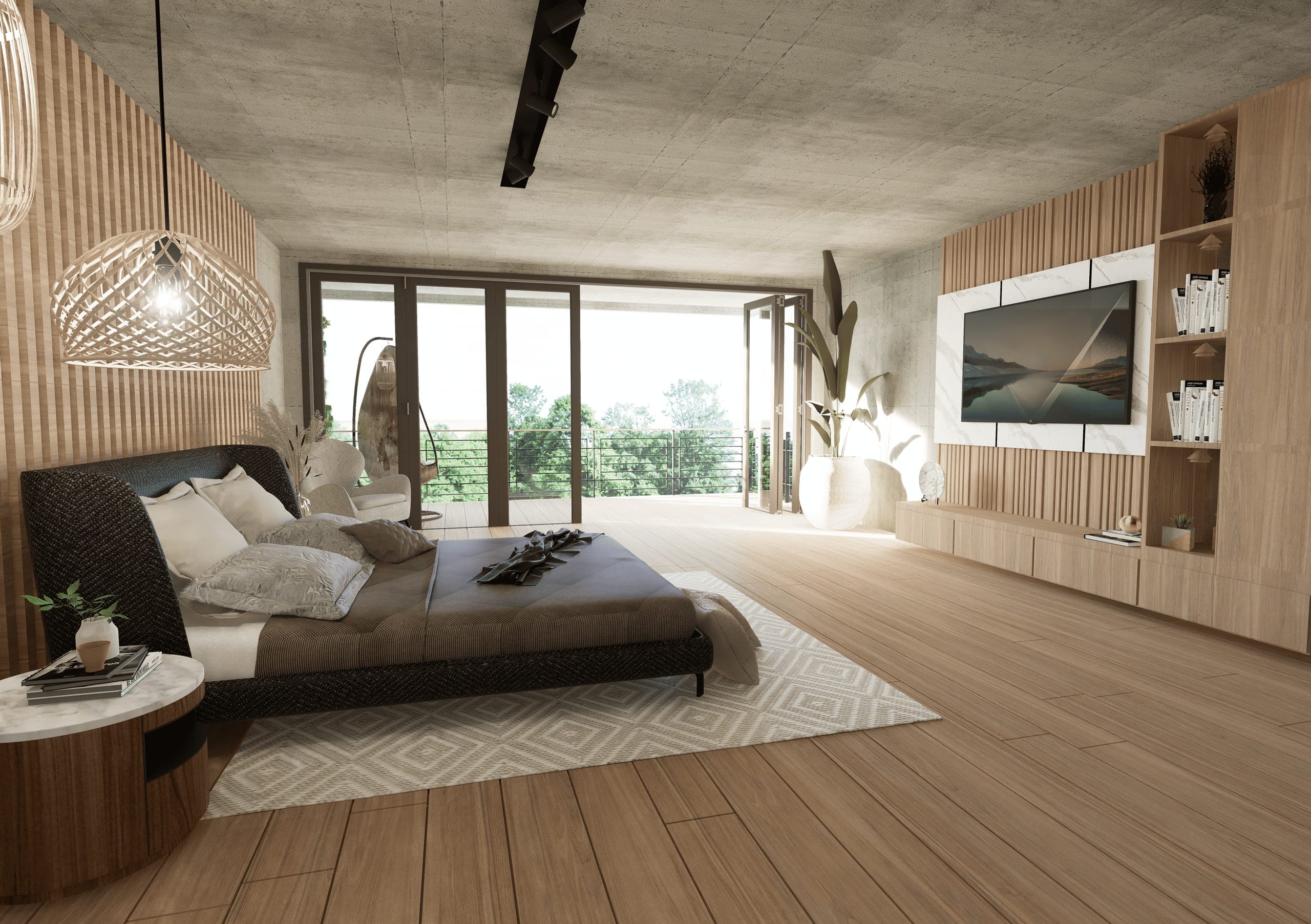Mueble bajo de madera a medida con estantería y televisor integrados