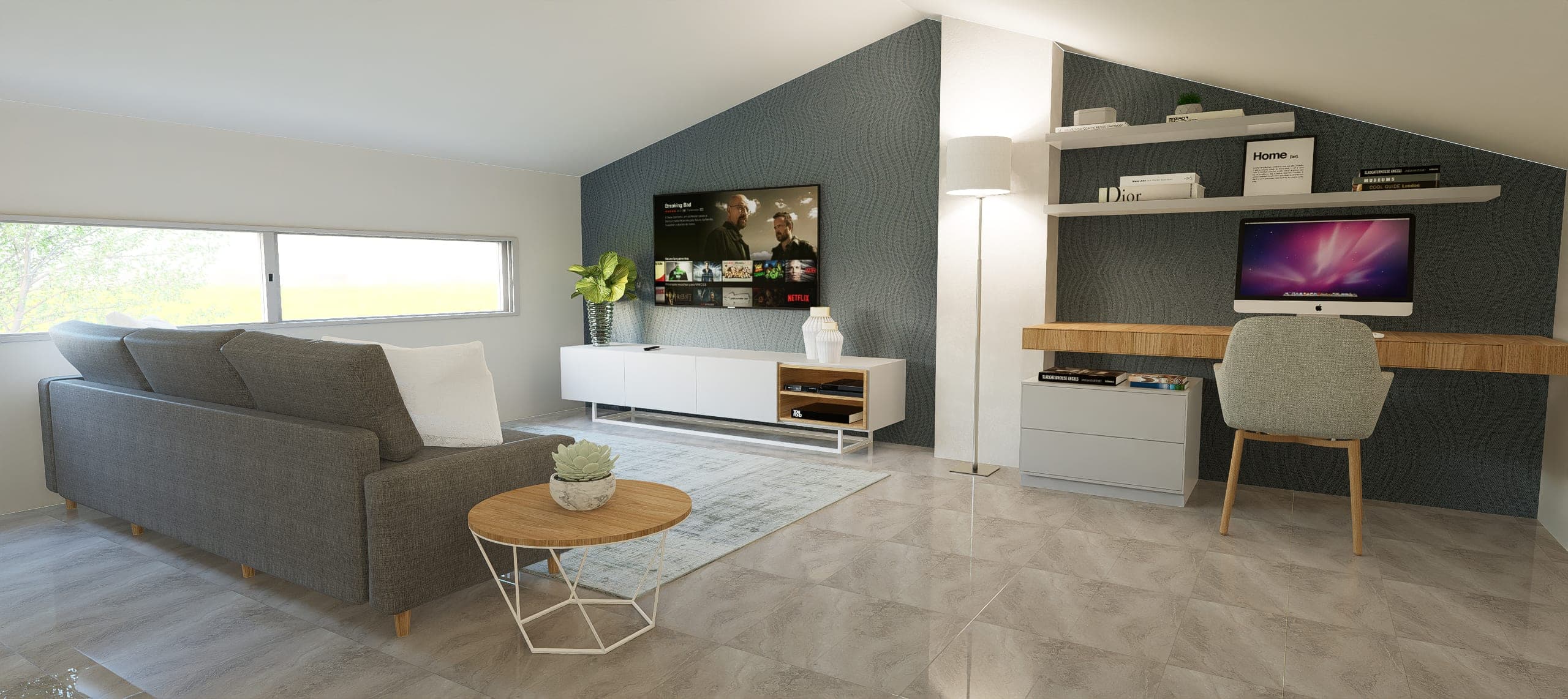 Loft room with a sloping ceiling, grey sofa, television unit and a built-in desk area