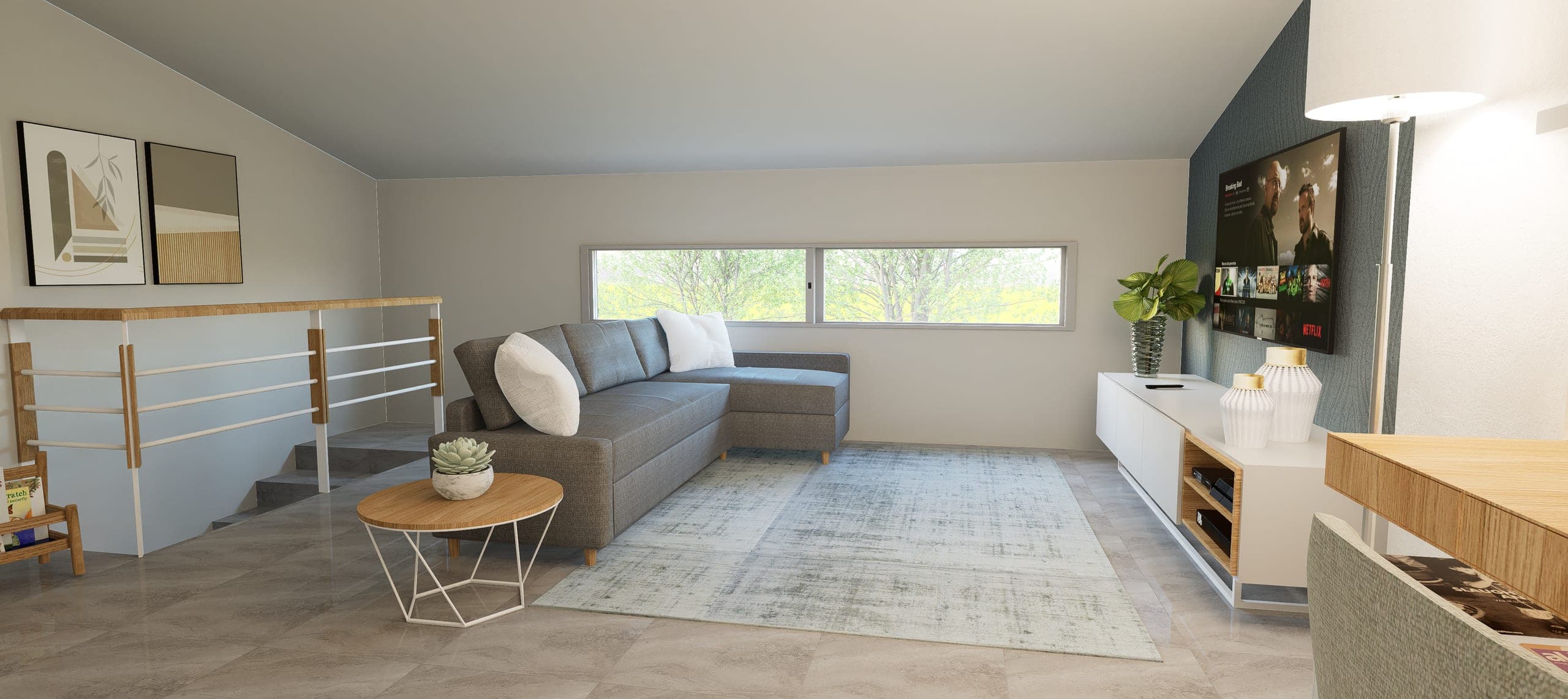 Overall view of the loft room with the wallpapered wall and the pitched ceiling
