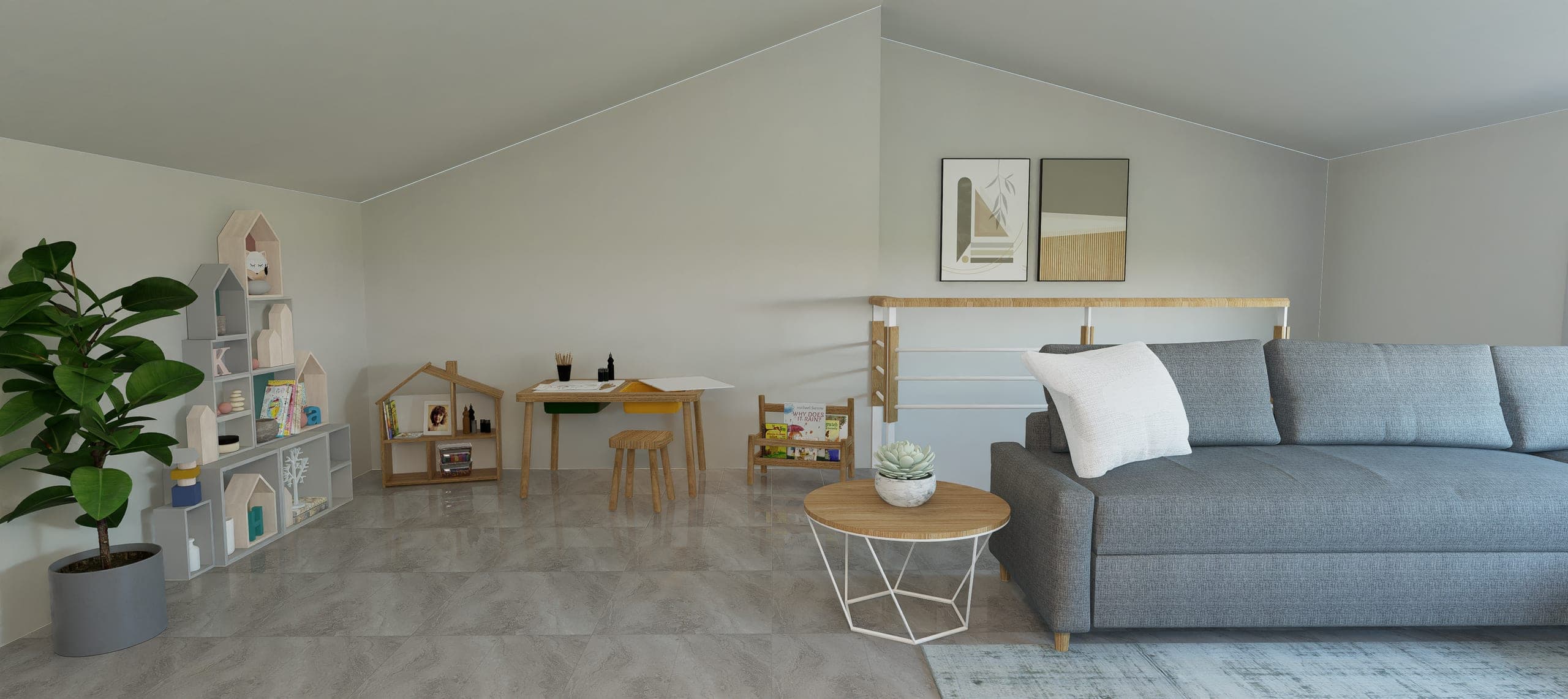 Children’s corner with house-shaped shelving, a low play table and a book display rack
