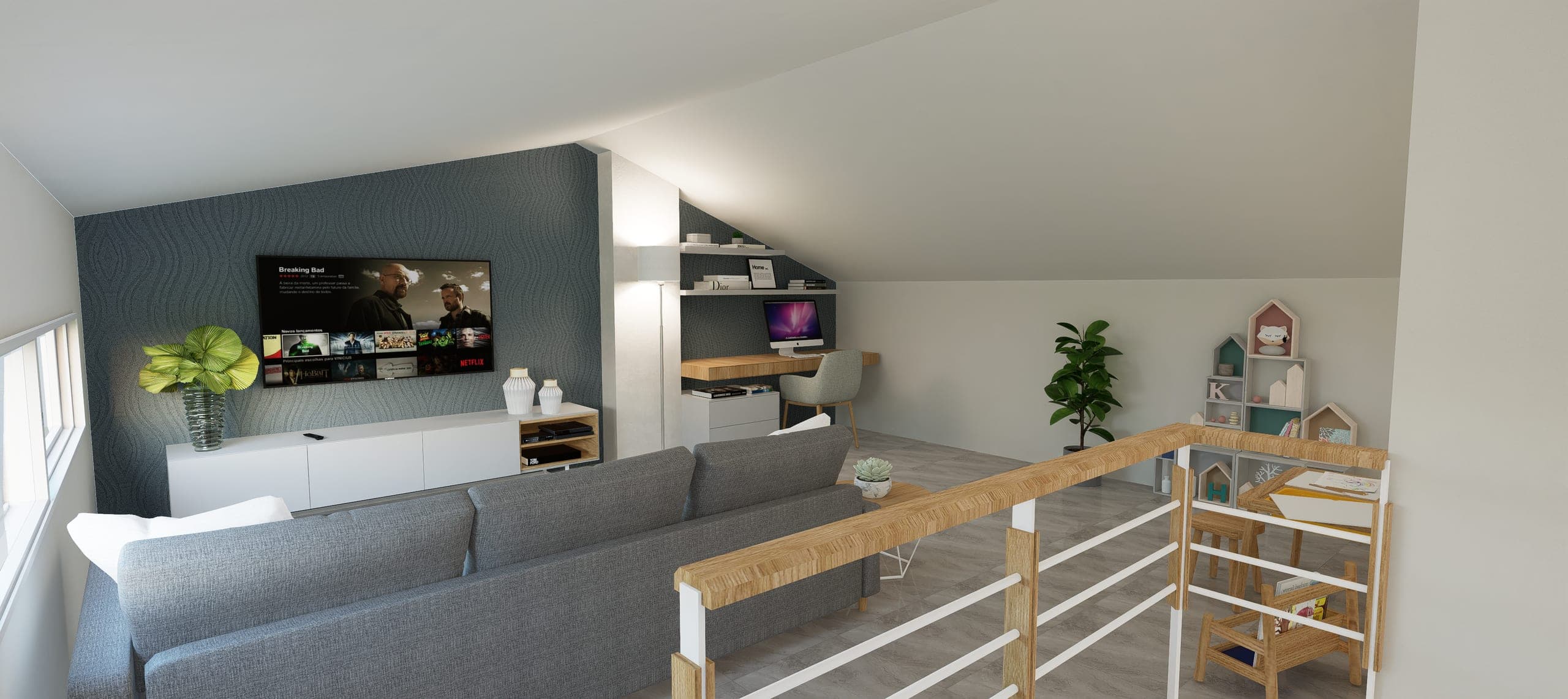 Bespoke run of desk under floating shelves, next to the wallpapered wall