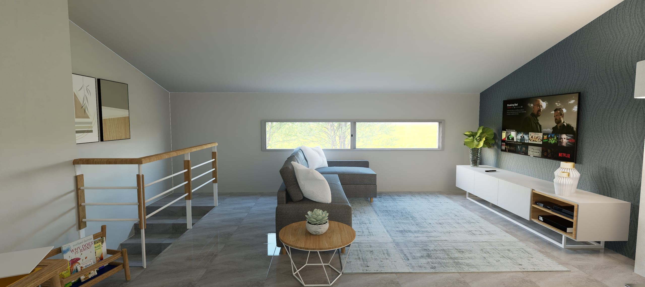 Wide shot of the loft room with daylight from the long window