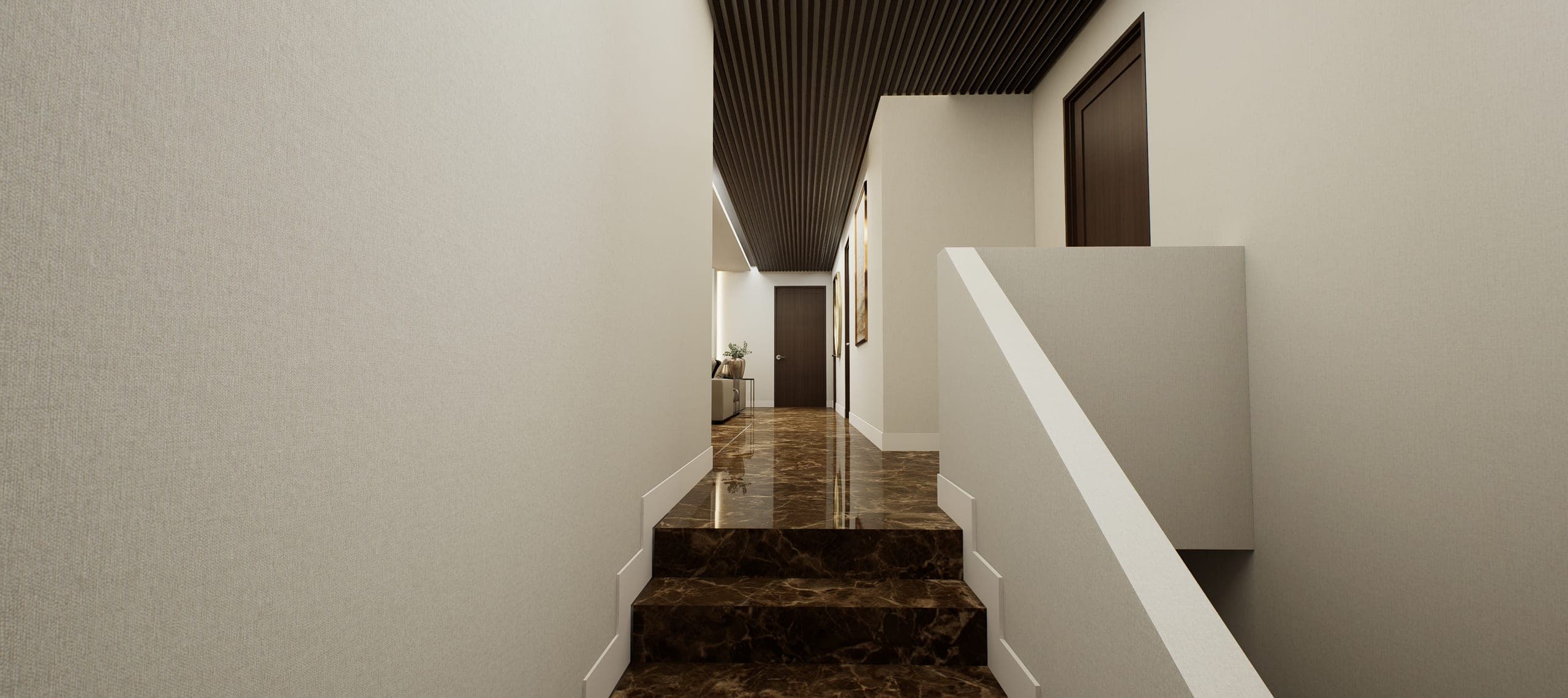 Pasillo y escalera con suelo de mármol oscuro y techo de listones de madera