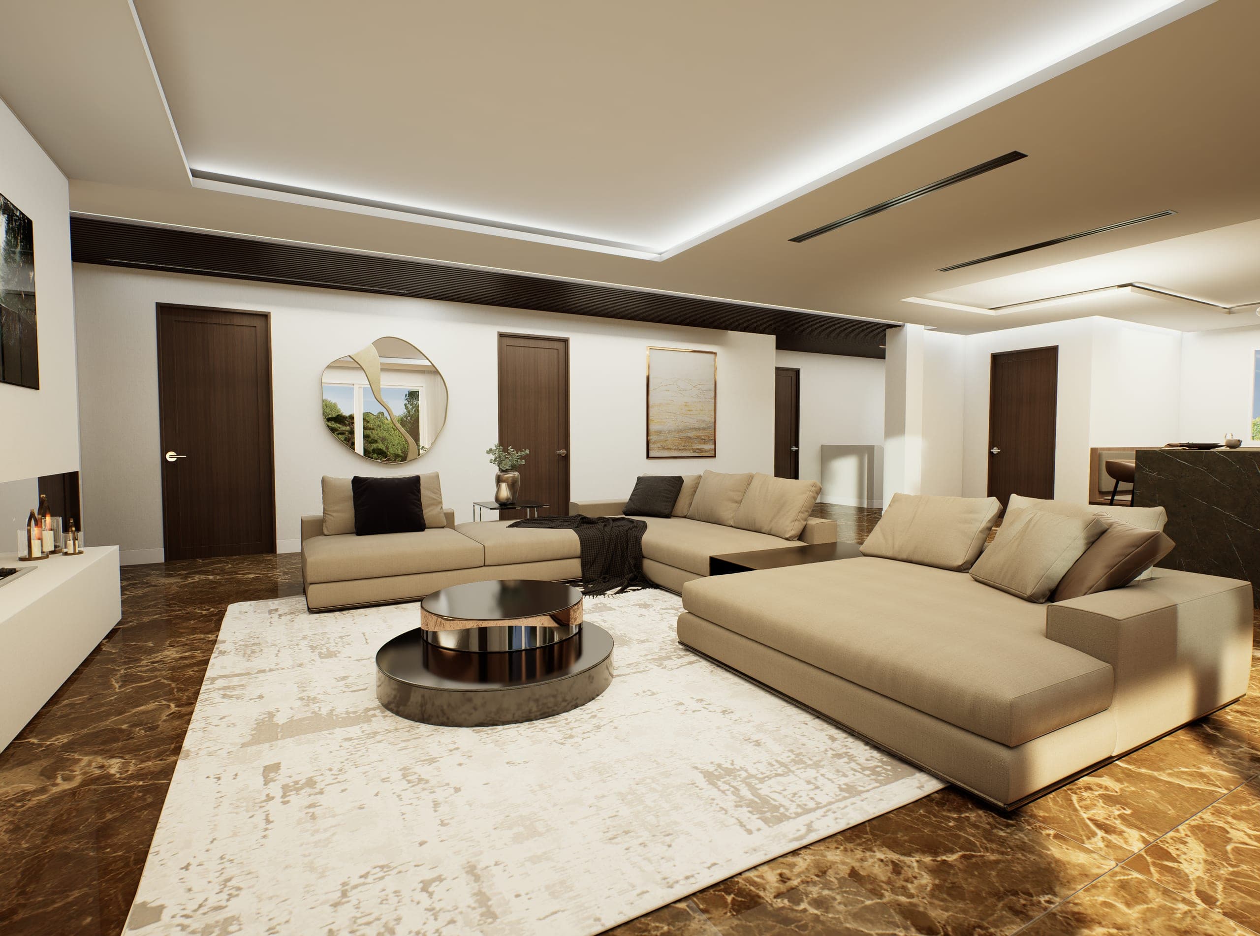 Vista frontal del salón con espejo orgánico dorado, puertas de madera oscura y techo con iluminación perimetral