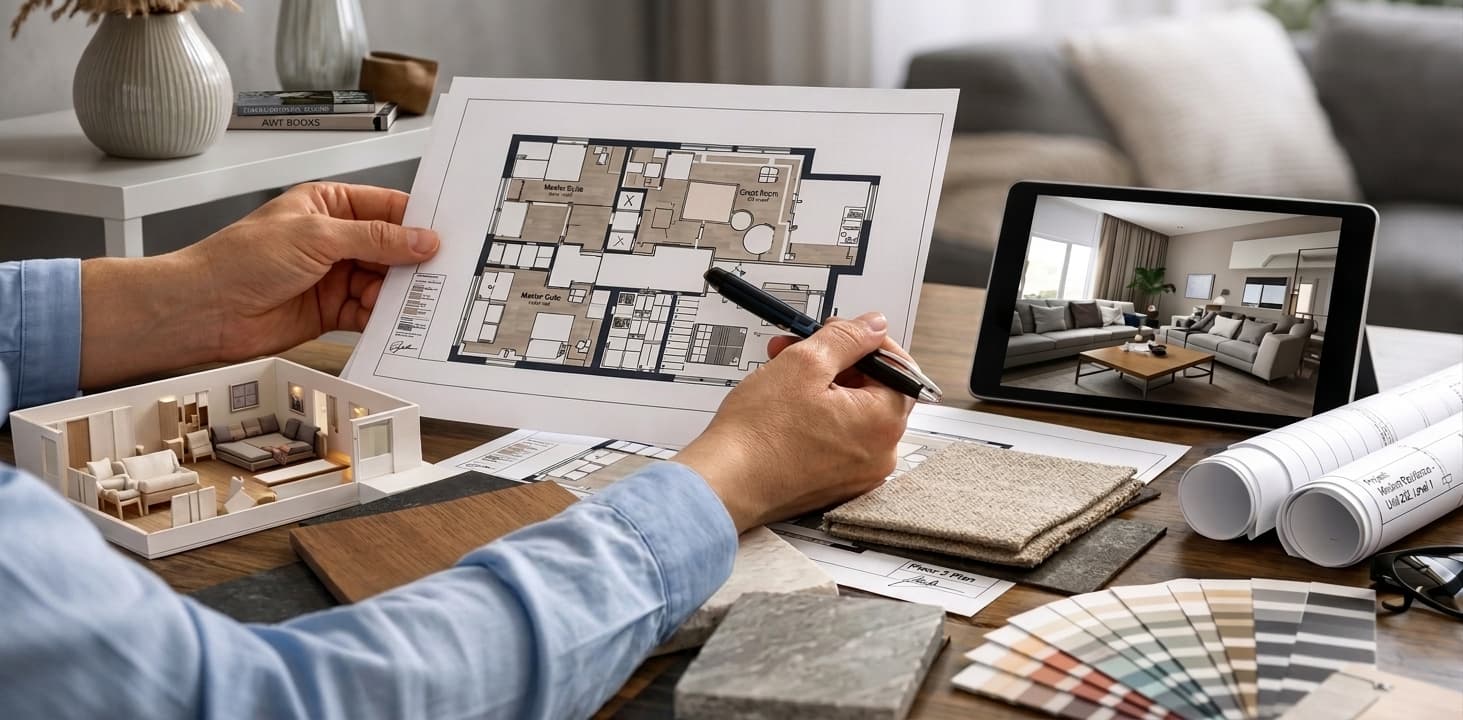 Manos revisando un plano sobre la mesa, junto a una tablet con un render, una maqueta y muestras de materiales