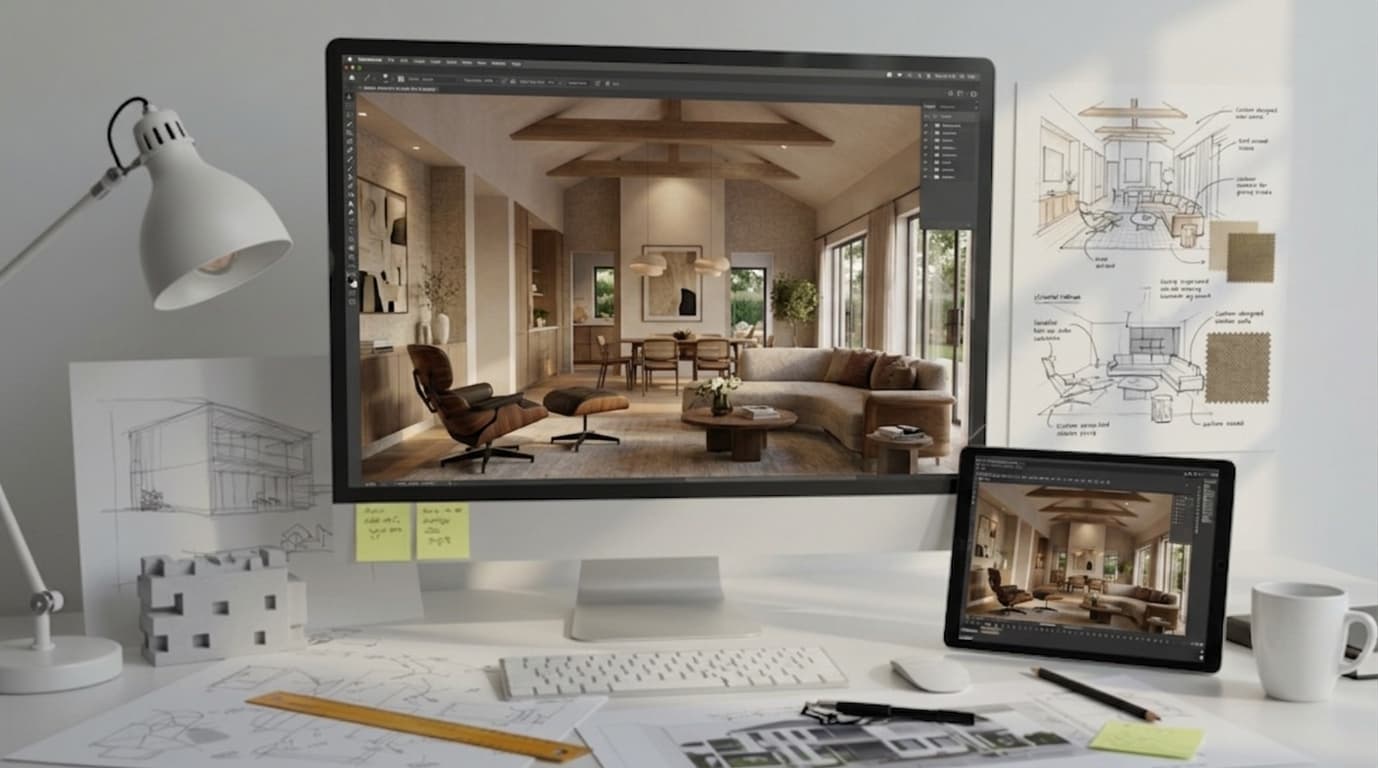 Mesa de trabajo con monitor y tablet mostrando un render 3D de un salón, planos arquitectónicos y una maqueta