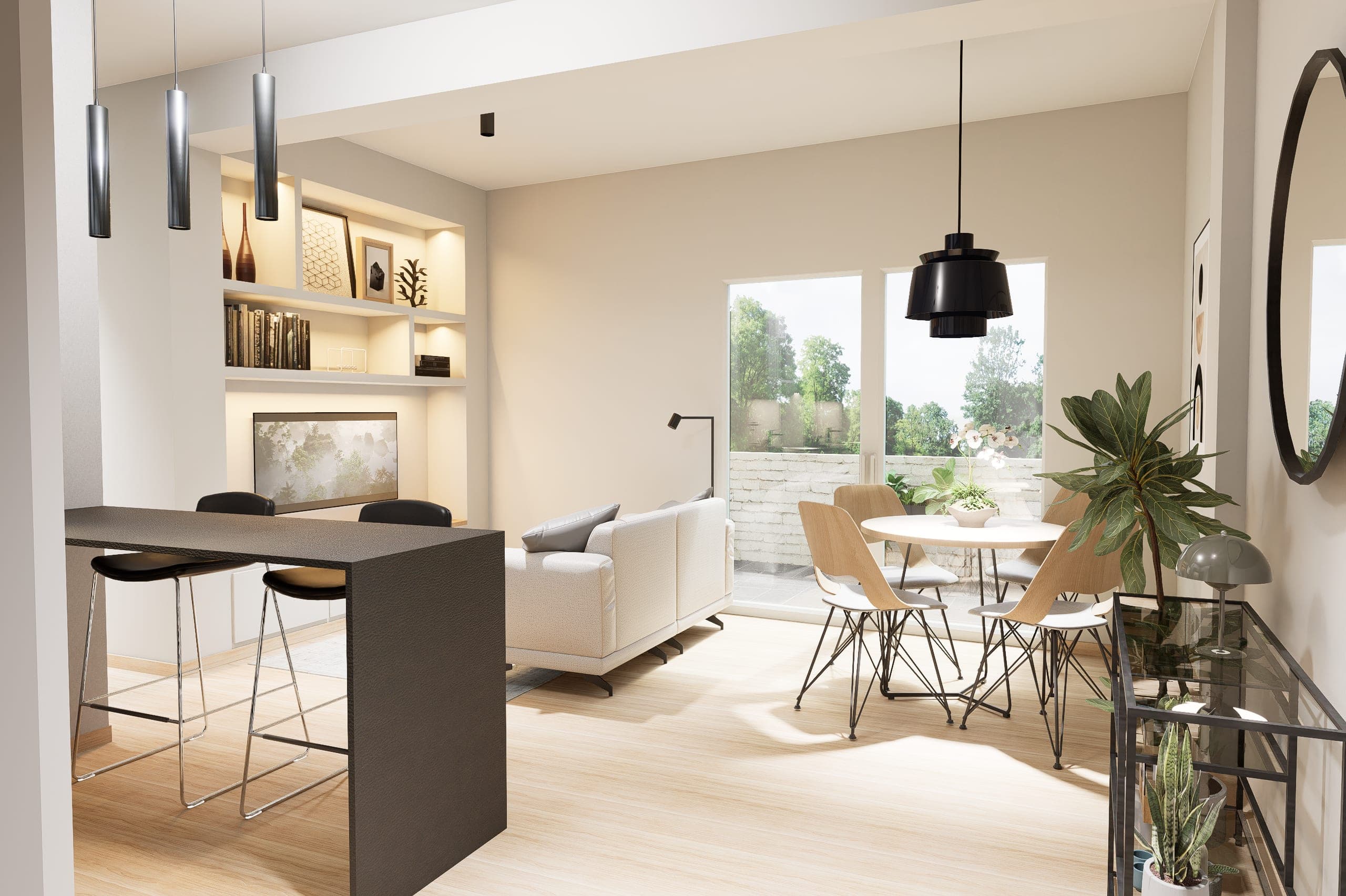 Planta abierta del ático con barra de cocina oscura, sofá claro, librería iluminada y comedor redondo frente a la terraza