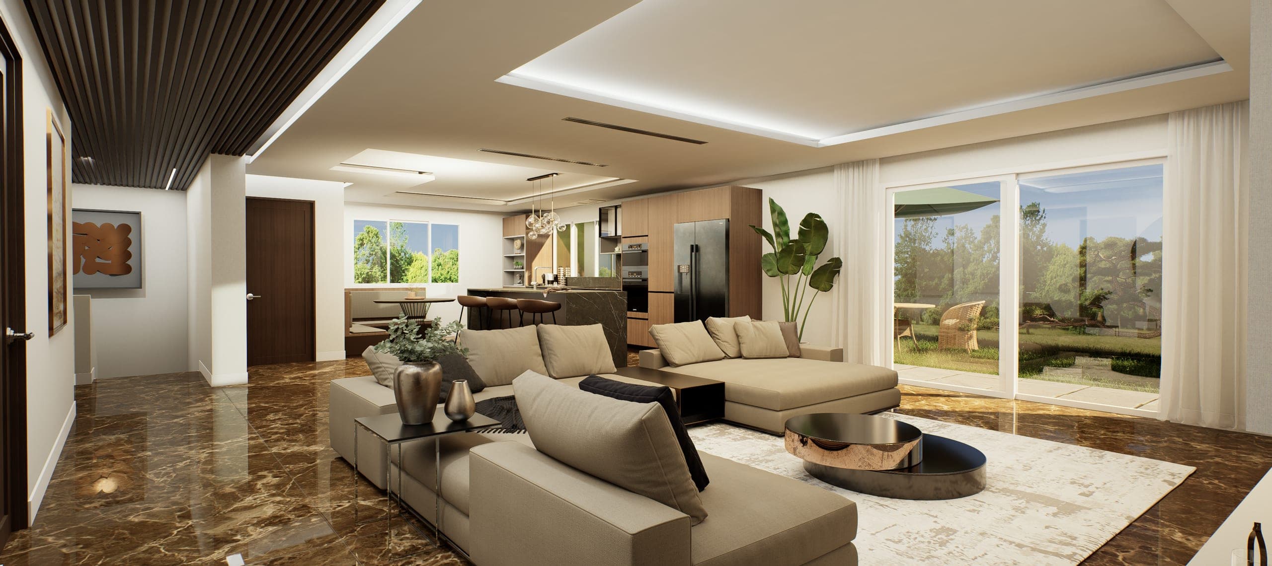 Salón con sofá modular beige, suelo de mármol oscuro e isla de cocina al fondo abierta a la terraza